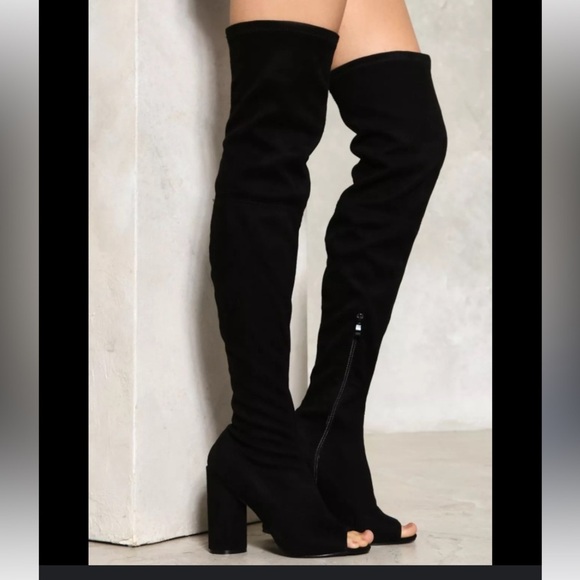BLACK SUEDE OVER THE KNEE PEEP TOE BOOTS WITH CHUNKY HEEL SZ 7.5 - Picture 6 of 12